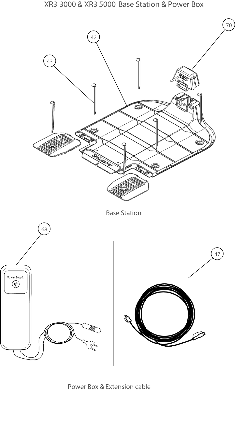 Base Station And Power Box Diagram and Parts List for XR34000 (22ASDDAE710)(2018) Cub Cadet Lawn Mower